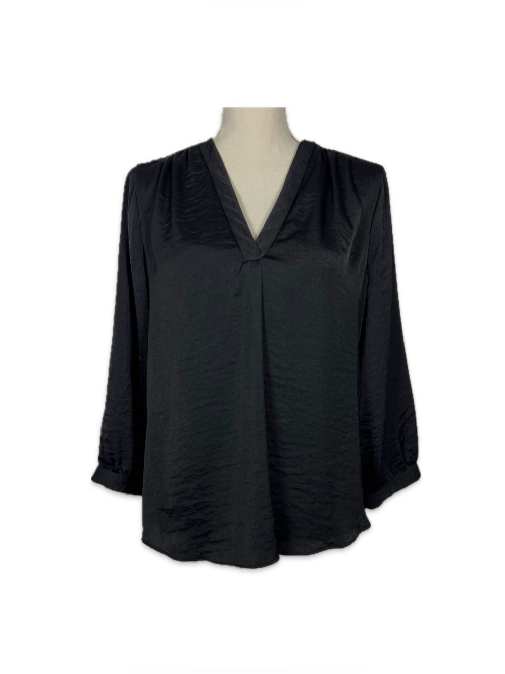 Vince Camuto Black Crinkle V-Neck Long Sleeve Blouse Women’s Medium Chic Top